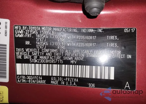 2017 Toyota Sienna Le 8 Passenger z USA, uszkodzony, nr VIN 5TDKZ3DC8HS857115